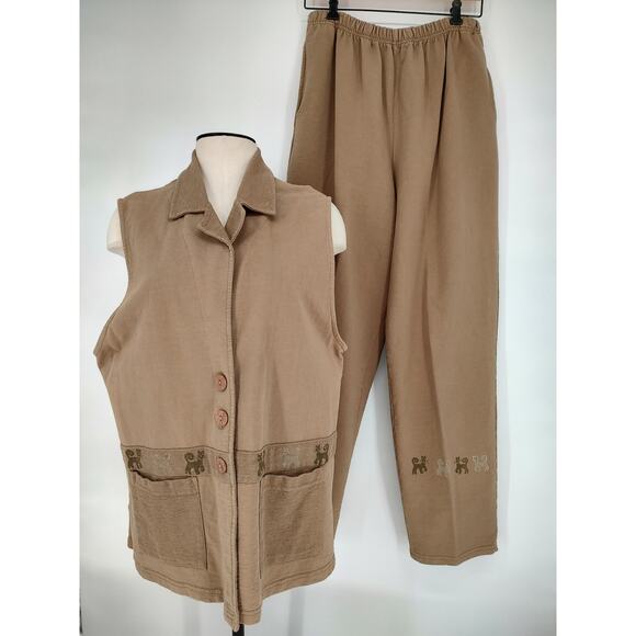 Viva City Woman's Pant Outfit Beige Vest + Pants Size XL Vintage Cat Picture USA - Picture 1 of 15